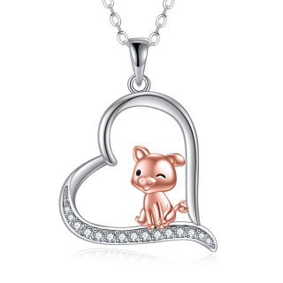 Sterling Silver Two-tone Cubic Zirconia Pig & Heart Pendant Necklace-3