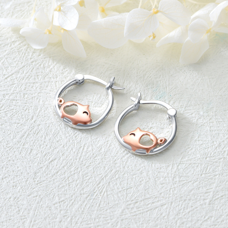 Sterling Silver Two-tone Pig Hoop Earrings-3