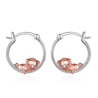 Sterling Silver Two-tone Pig Hoop Earrings-53