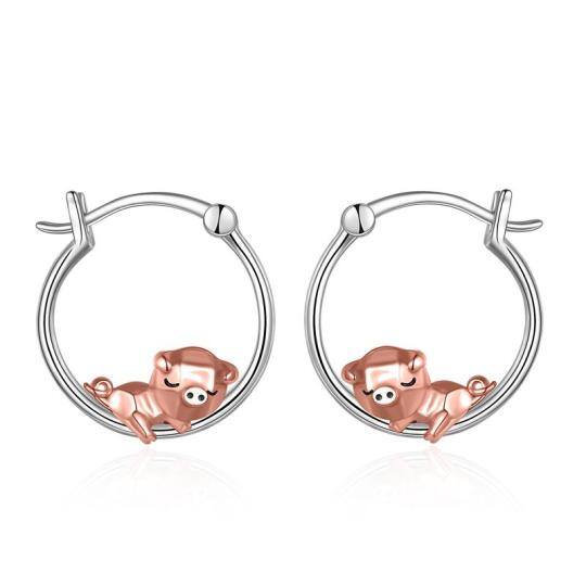 Sterling Silver Two-tone Pig Hoop Earrings