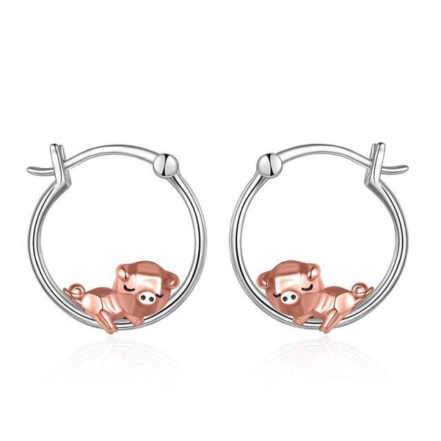 Sterling Silver Two-tone Pig Hoop Earrings-1