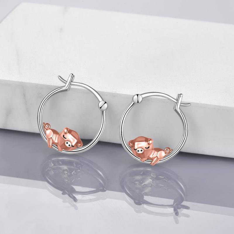 Sterling Silver Two-tone Pig Hoop Earrings-3