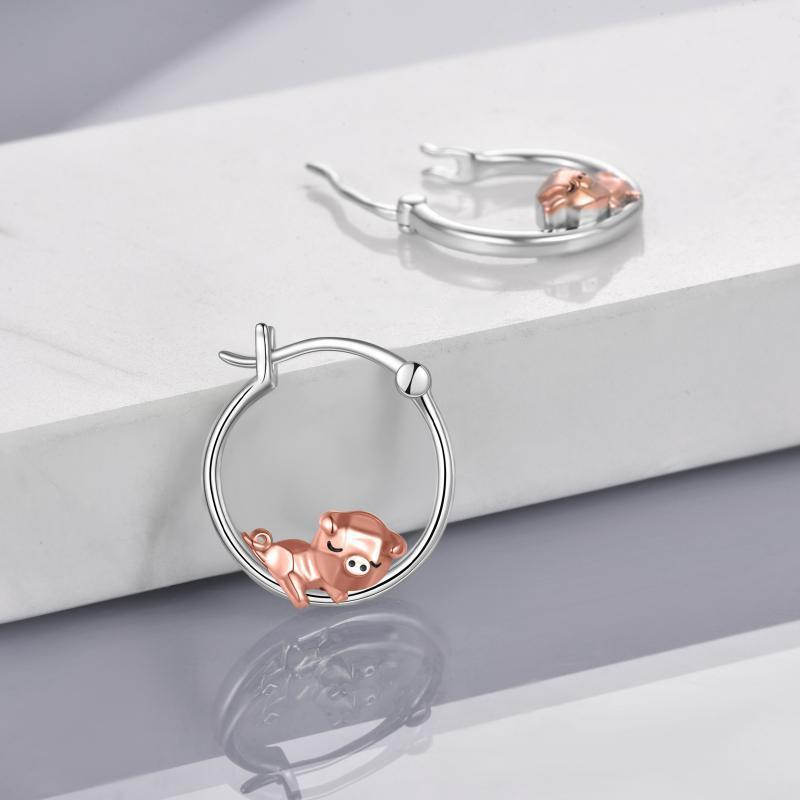 Pendientes de aro de cerdo bicolor de plata de ley-4