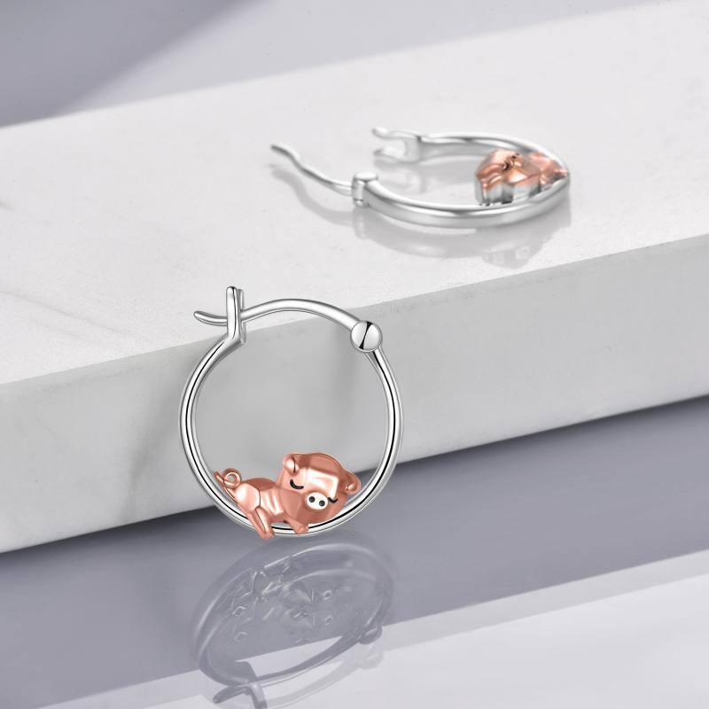 Sterling Silver Two-tone Pig Hoop Earrings-4