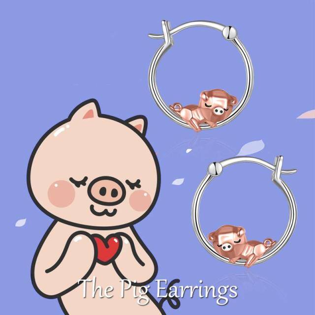 Sterling Silver Two-tone Pig Hoop Earrings-6