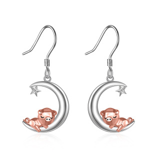 Sterling Silver Two-tone Pig & Moon Drop Earrings-6