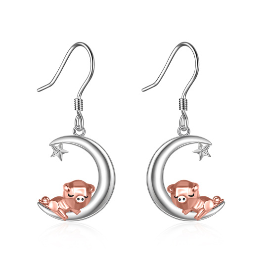 Boucles d'oreilles pendantes cochon et lune en argent sterling bicolore