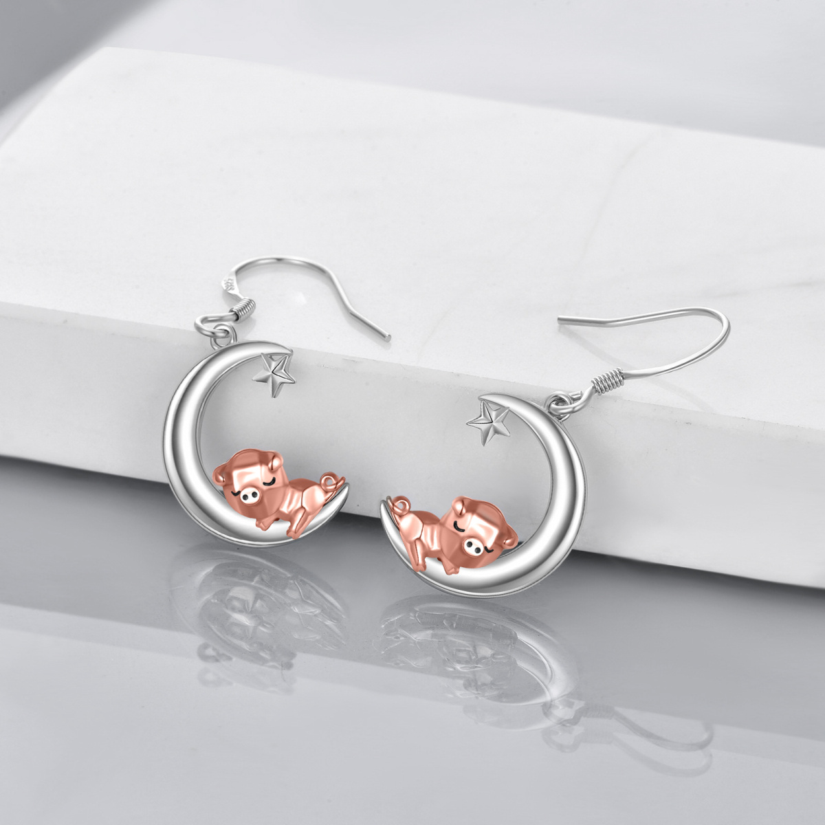 Sterling Silver Two-tone Pig & Moon Drop Earrings-3