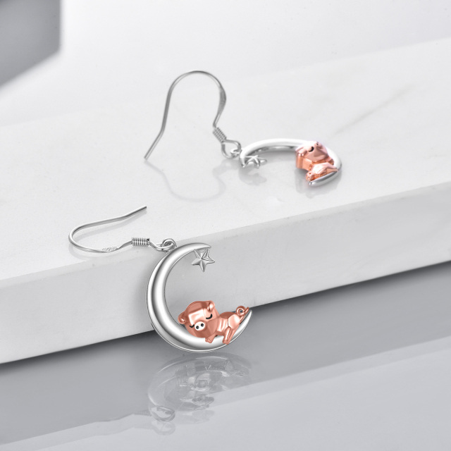 Boucles d'oreilles pendantes cochon et lune en argent sterling bicolore-4