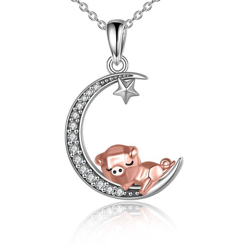 Sterling Silver Two-tone Cubic Zirconia Pig & Moon Pendant Necklace-1