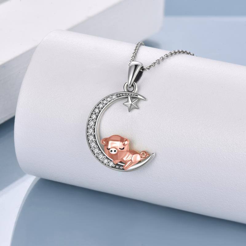 Sterling Silver Two-tone Cubic Zirconia Pig & Moon Pendant Necklace-3