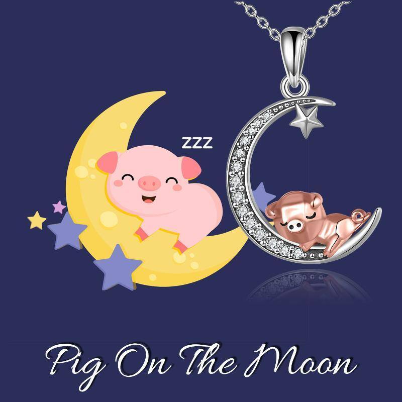 Sterling Silver Two-tone Cubic Zirconia Pig & Moon Pendant Necklace-4