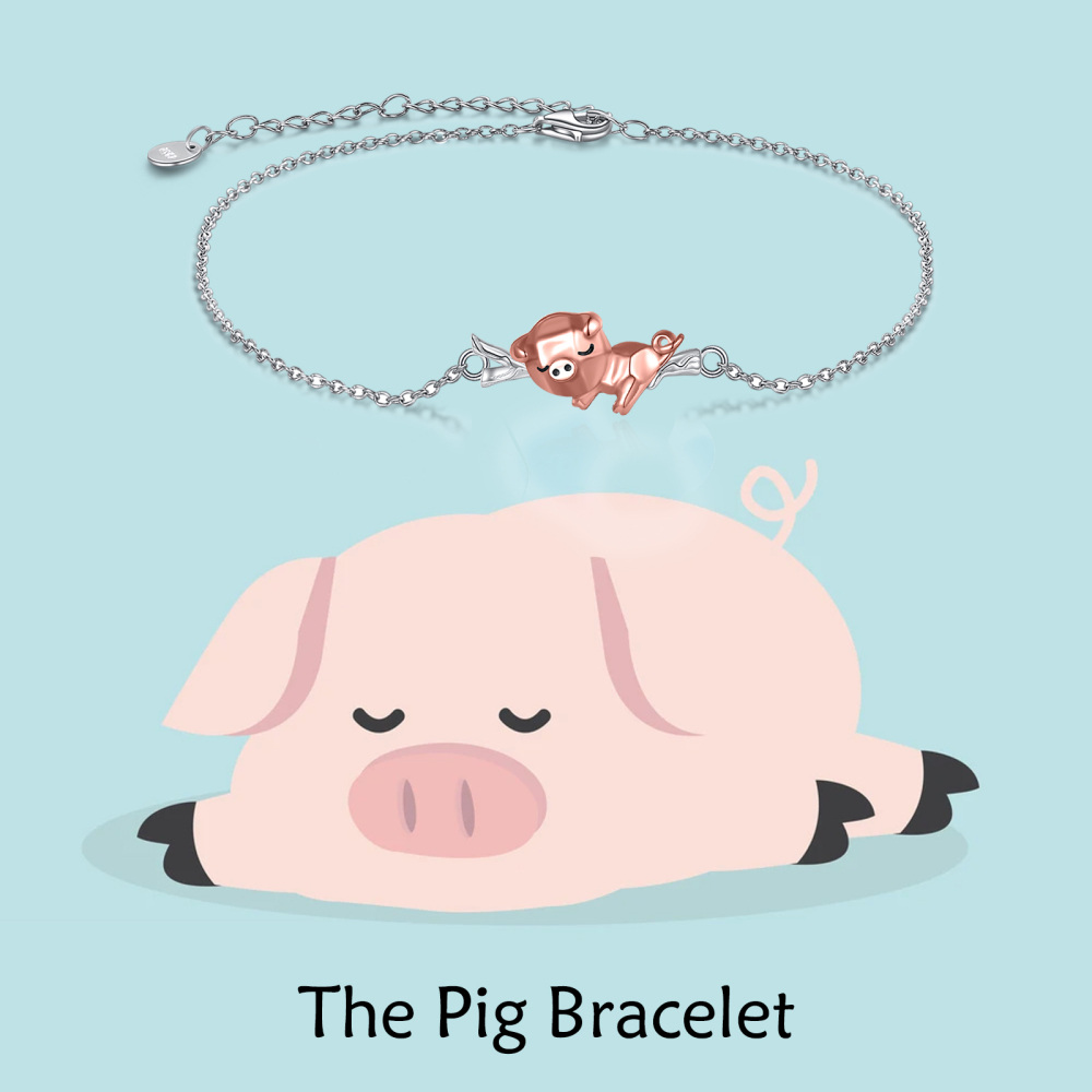 Sterling Silver Two-tone Pig Charm Bracelet-3