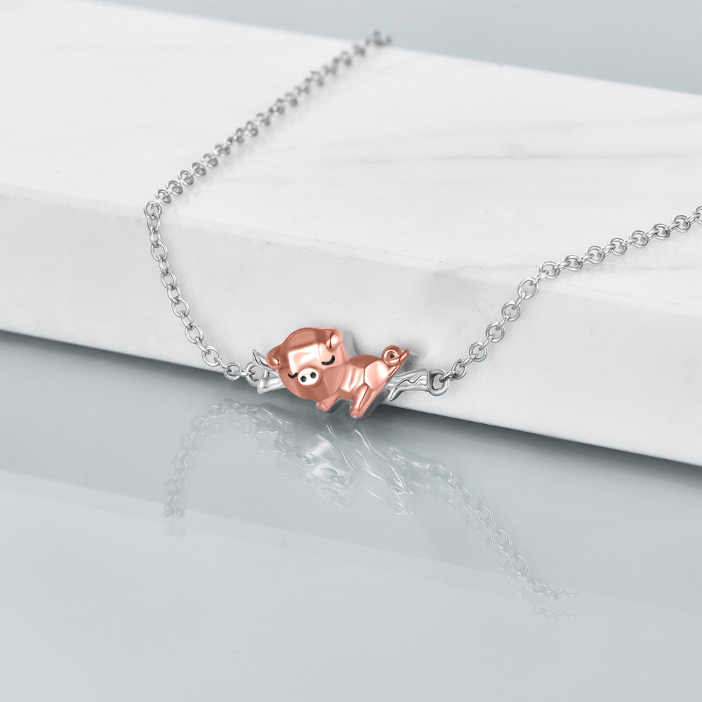 Sterling Silver Two-tone Pig Charm Bracelet-4