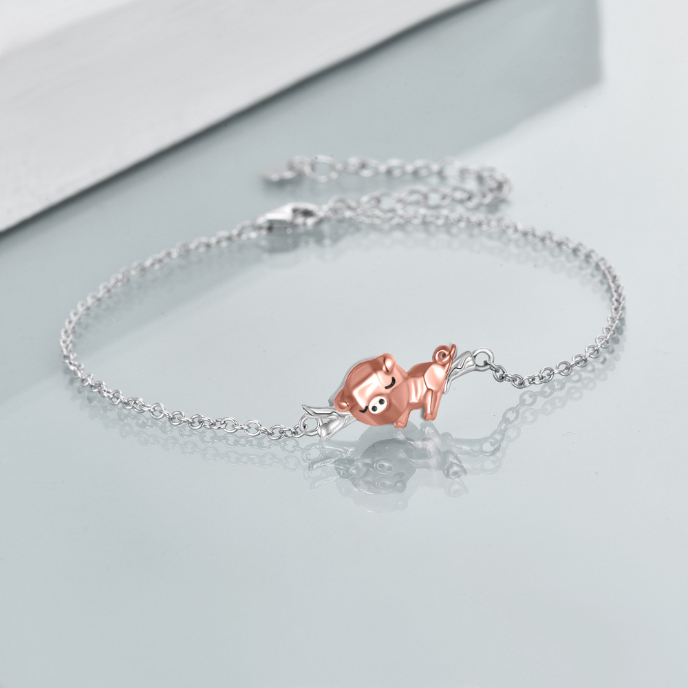 Sterling Silver Two-tone Pig Charm Bracelet-5