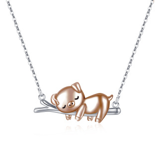 Sterling Silver Two-tone Pig Piggy Pendant Necklace-2