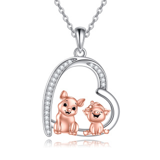 Sterling Silver Two-tone Cubic Zirconia Two Pigs & Heart Pendant Necklace-2