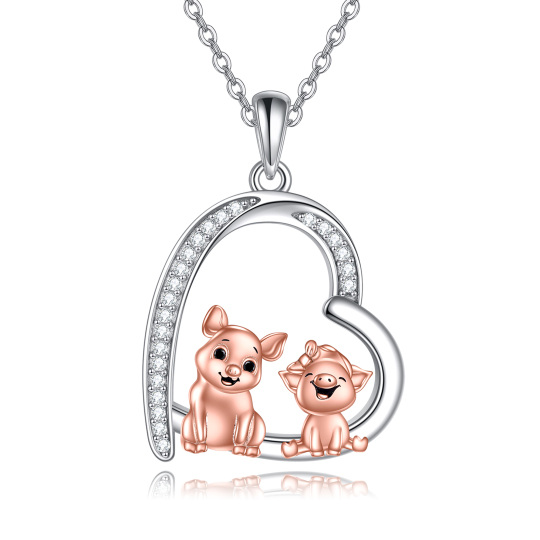 Sterling Silver Two-tone Cubic Zirconia Two Pigs & Heart Pendant Necklace