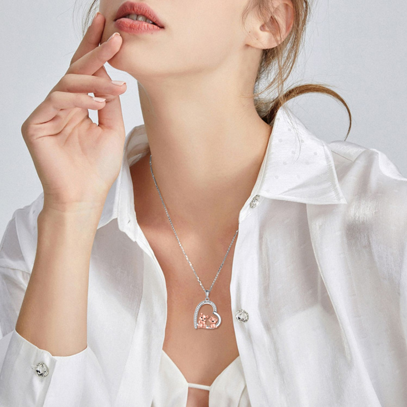 Sterling Silver Two-tone Cubic Zirconia Two Pigs & Heart Pendant Necklace-2