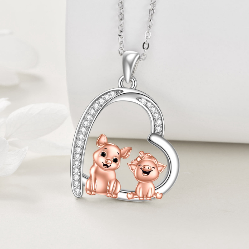 Sterling Silver Two-tone Cubic Zirconia Two Pigs & Heart Pendant Necklace-3