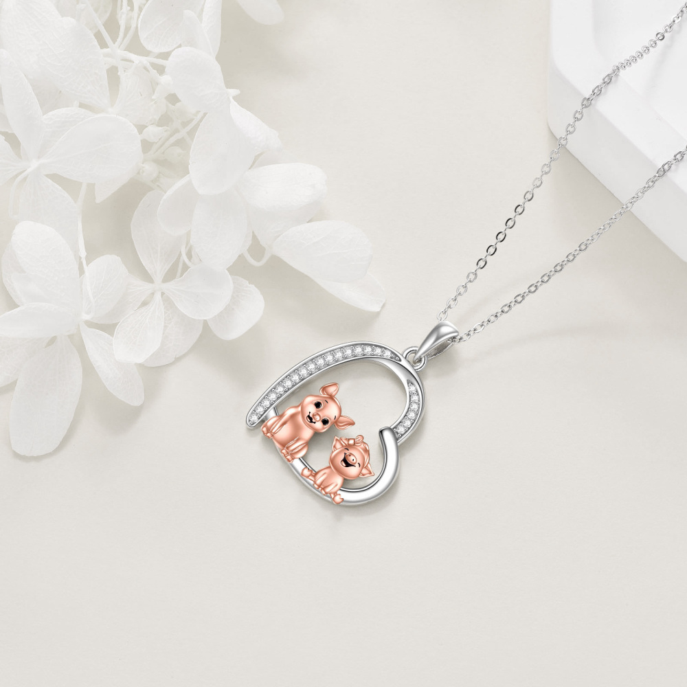 Sterling Silver Two-tone Cubic Zirconia Two Pigs & Heart Pendant Necklace-4