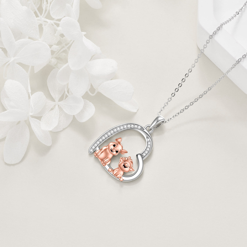 Sterling Silver Two-tone Cubic Zirconia Two Pigs & Heart Pendant Necklace-4
