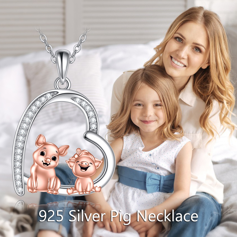 Sterling Silver Two-tone Cubic Zirconia Two Pigs & Heart Pendant Necklace-5