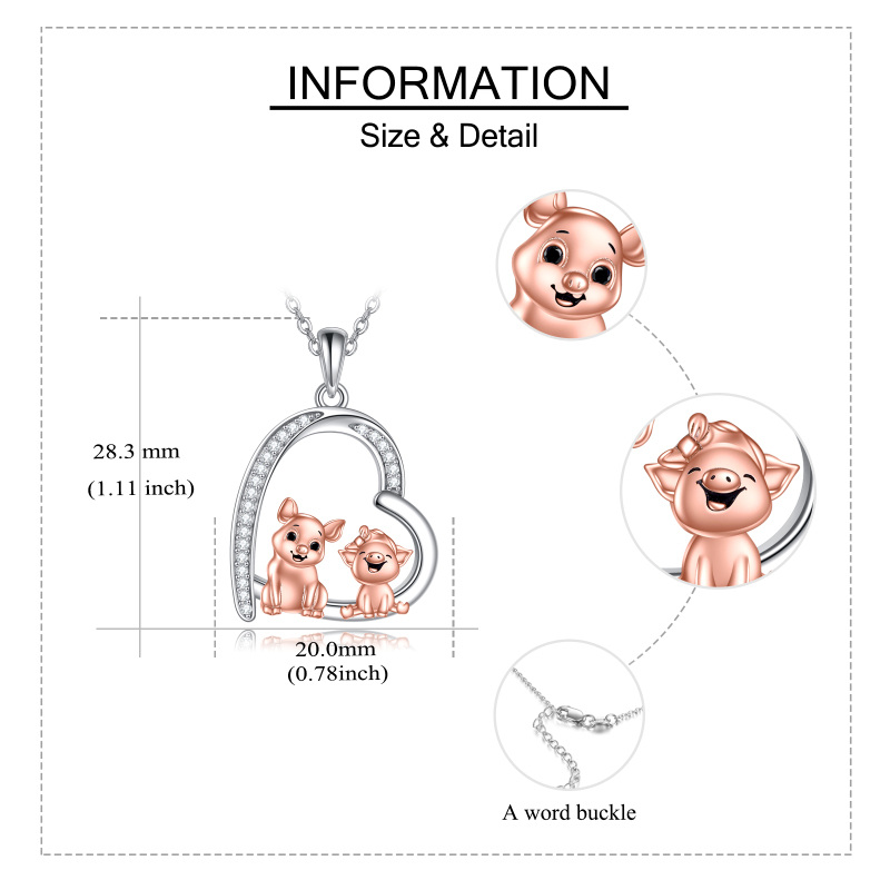 Sterling Silver Two-tone Cubic Zirconia Two Pigs & Heart Pendant Necklace-6