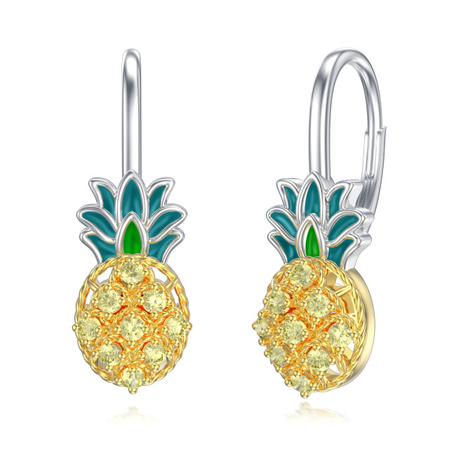 Sterling Silver Two-tone Cubic Zirconia Pineapple Lever-back Earrings-1