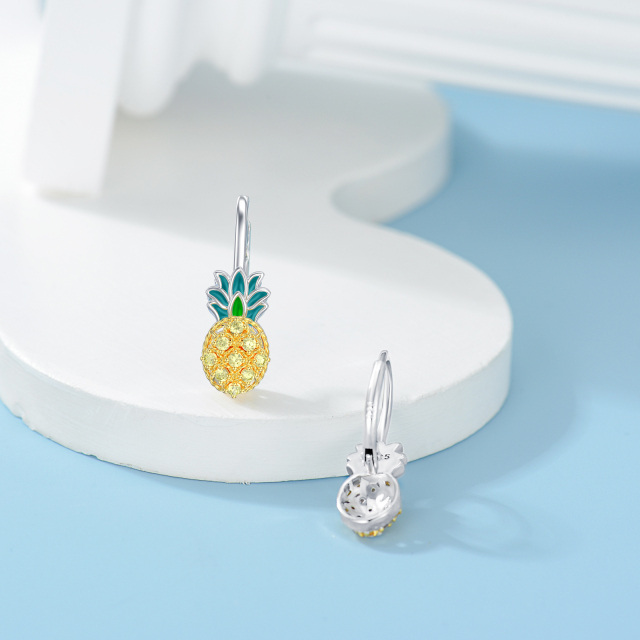 Sterling Silver Two-tone Cubic Zirconia Pineapple Lever-back Earrings-4