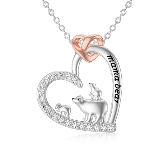 Collana con ciondolo a cuore e orso polare in argento sterling bicolore con zirconia cubica e parola incisa