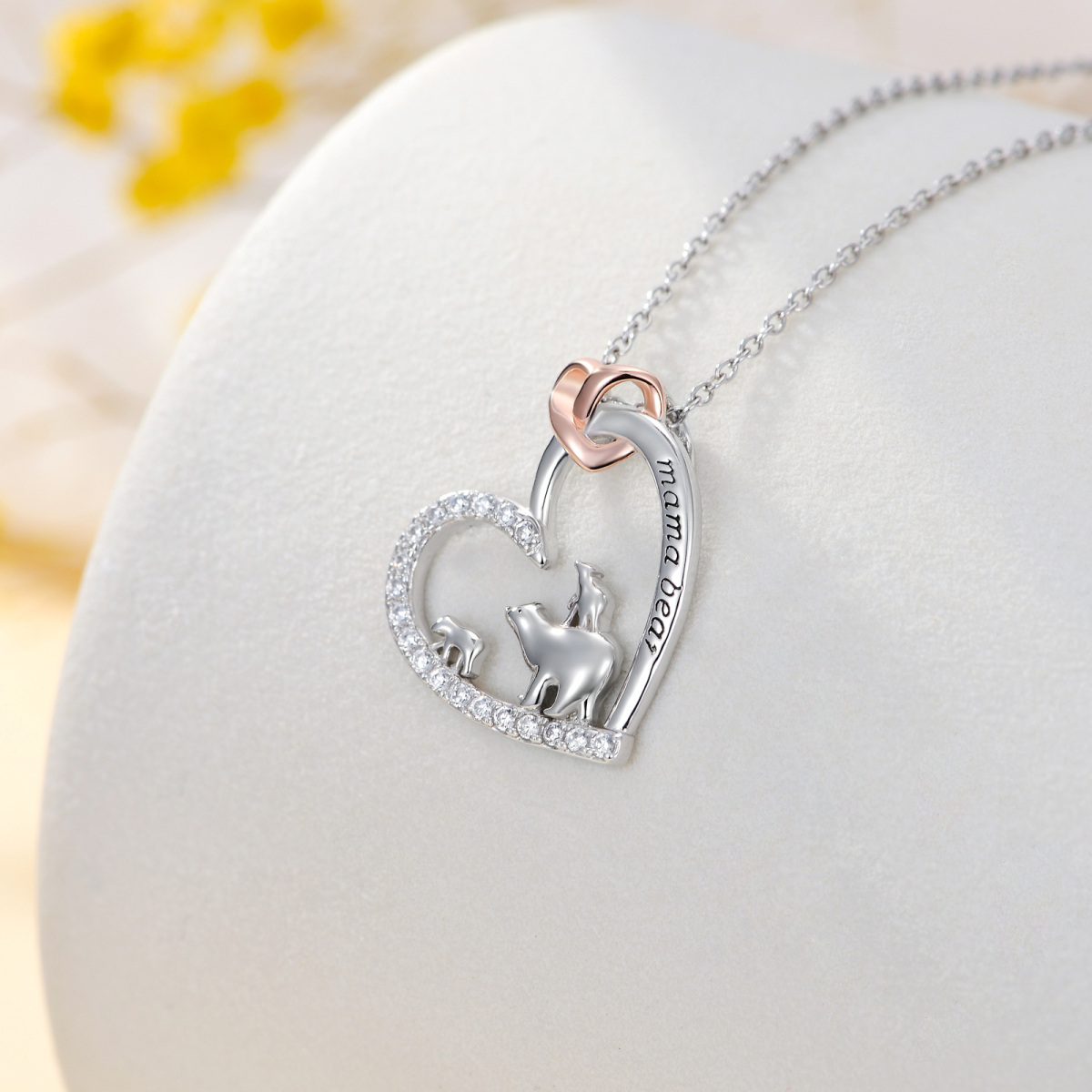 Sterling Silver Two-tone Cubic Zirconia Polar Bear & Heart Pendant Necklace with Engraved Word-4