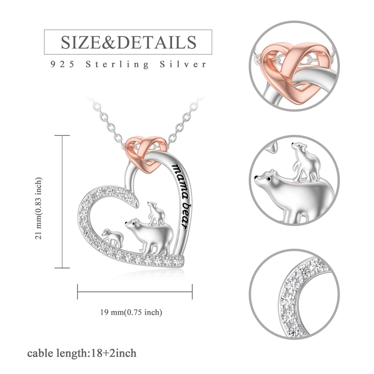 Sterling Silver Two-tone Cubic Zirconia Polar Bear & Heart Pendant Necklace with Engraved Word-6