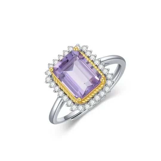 Anillo cuadrado de plata de ley bicolor con forma de princesa y cristal