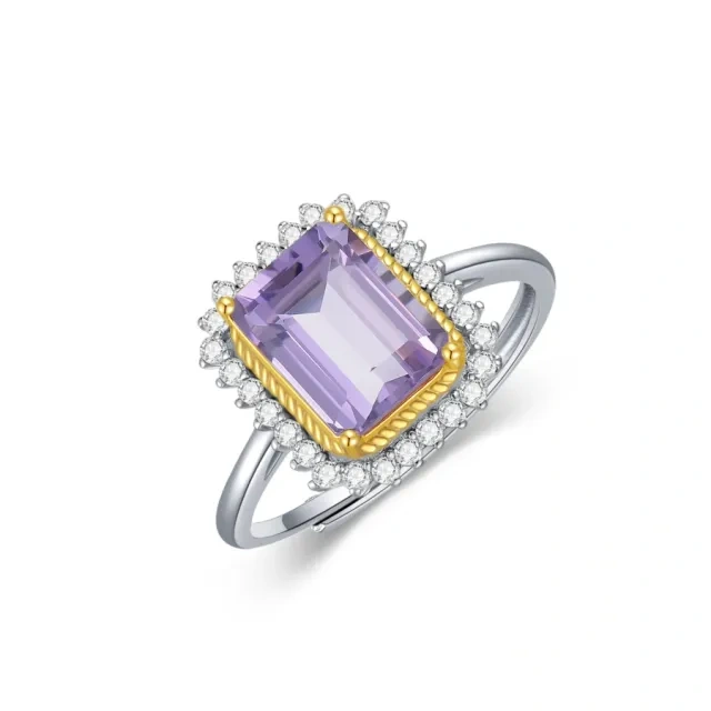 Sterling Silver Two-tone Princess-square Shaped Crystal Square Ring-1