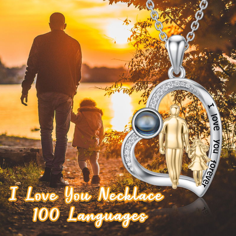 Sterling Silver Two-Tone Projection Stone Father With Daughter Heart Pendant Necklace With Engraved Word For Women-3