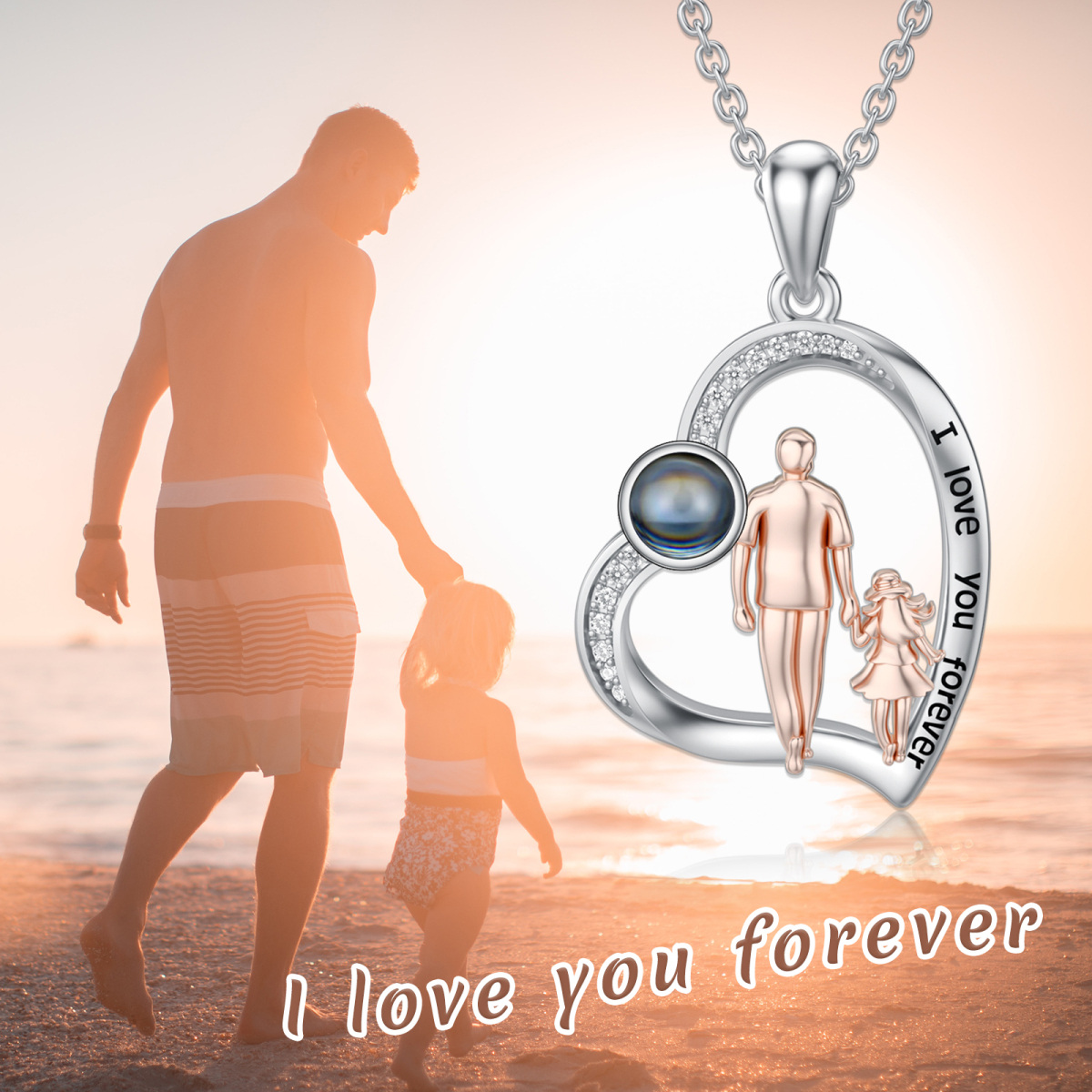 Sterling Silver Two-Tone Projection Stone Father With Daughter Heart Pendant Necklace With Engraved Word For Women-3