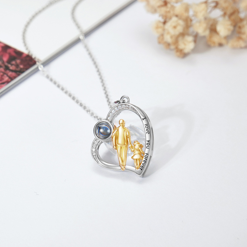 Sterling Silver Two-Tone Projection Stone Father With Daughter Heart Pendant Necklace With Engraved Word For Women-5