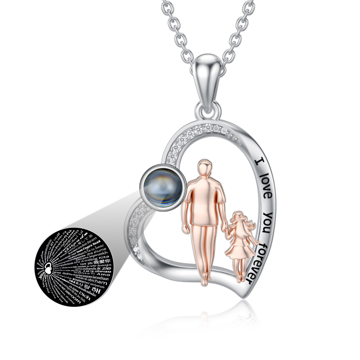 Sterling Silver Two-Tone Projection Stone Father With Daughter Heart Pendant Necklace With Engraved Word For Women-1