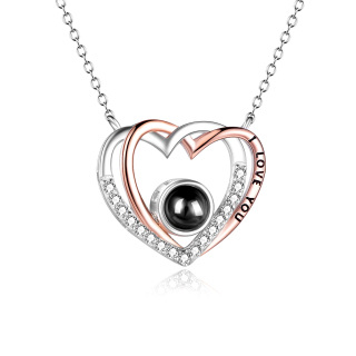 Sterling Silver Two-tone Projection Stone Heart Pendant Necklace-5