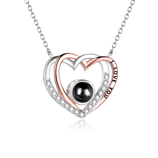 Sterling Silver Two-tone Projection Stone Heart Pendant Necklace