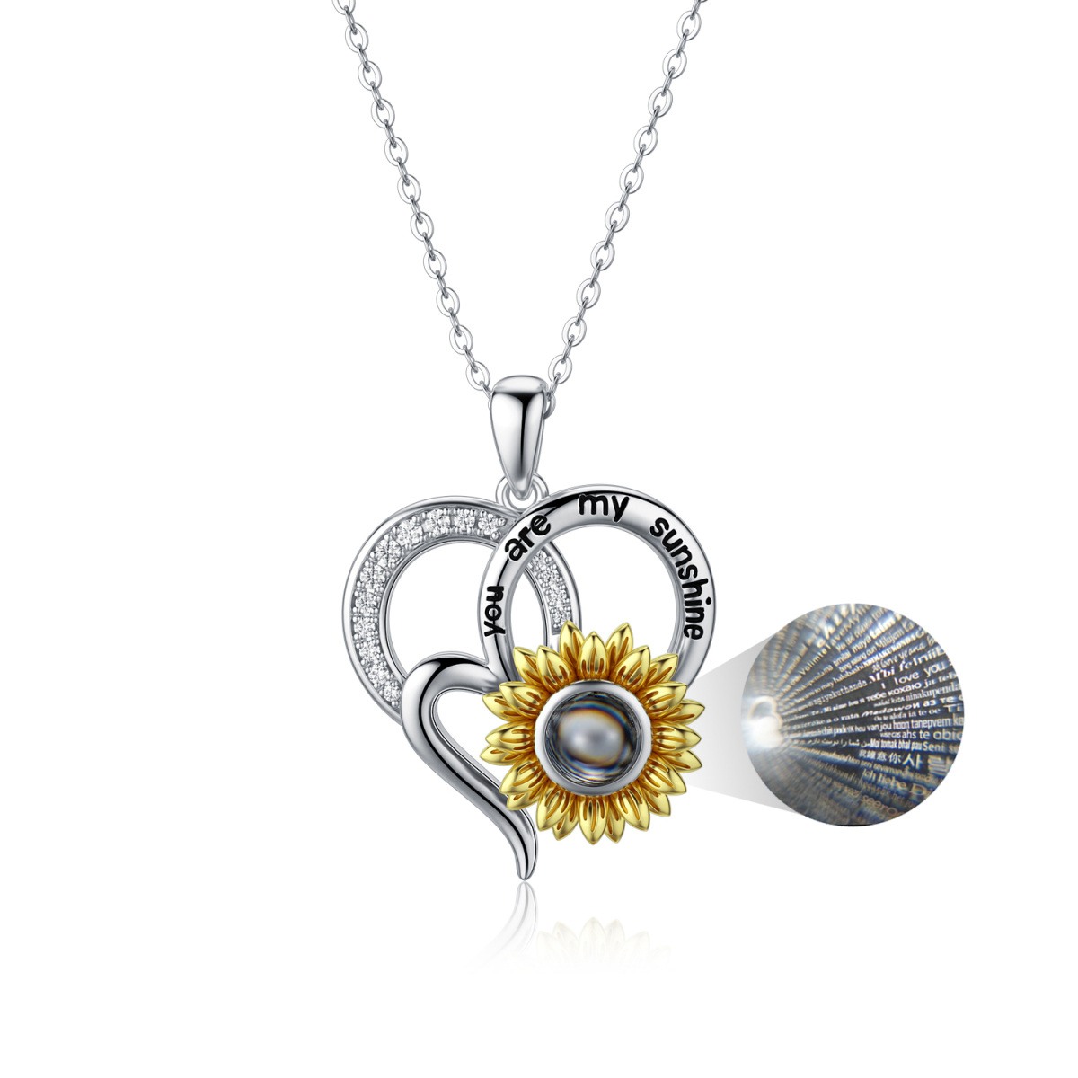 Collana con pendente a forma di girasole con proiezione personalizzata in argento sterling bicolore con zirconi cubici con parola incisa per la migliore amica delle donne-1