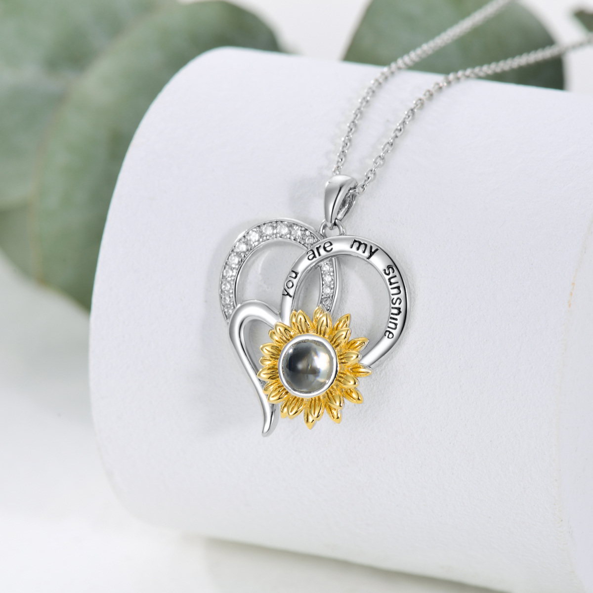 Sterling Silver Two-Tone Cubic Zirconia Personalized Projection Sunflower Pendant Necklace With Engraved Word For Women Best Friend-3