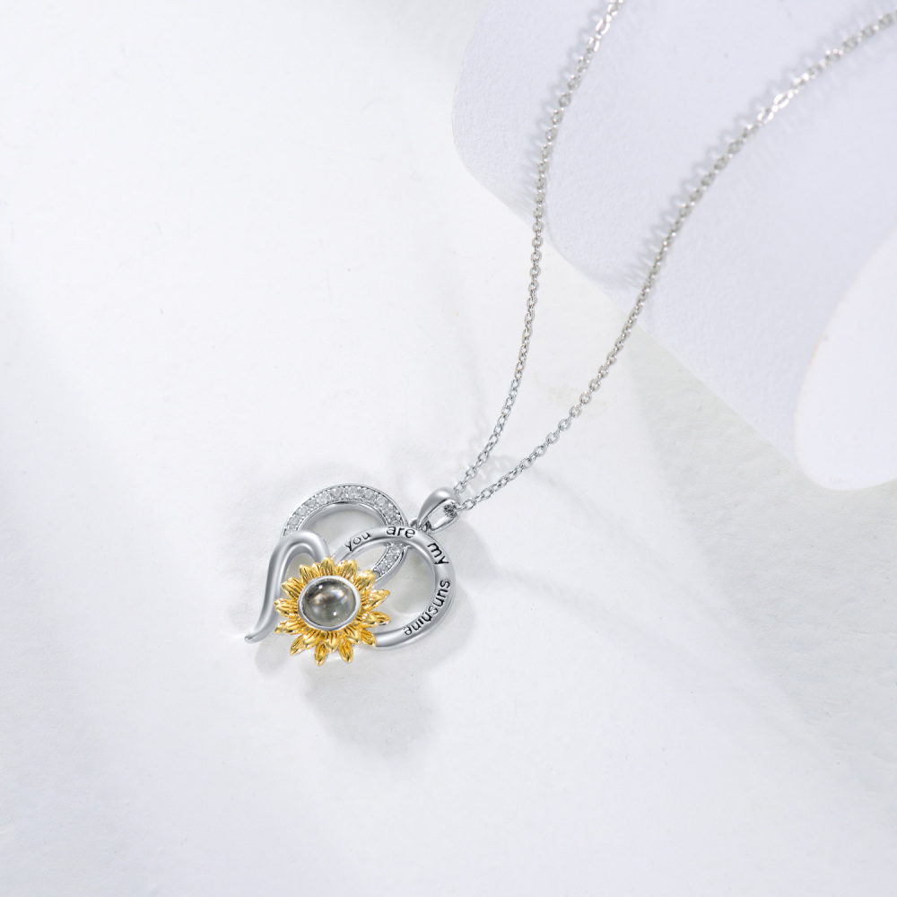 Sterling Silver Two-Tone Cubic Zirconia Personalized Projection Sunflower Pendant Necklace With Engraved Word For Women Best Friend-4