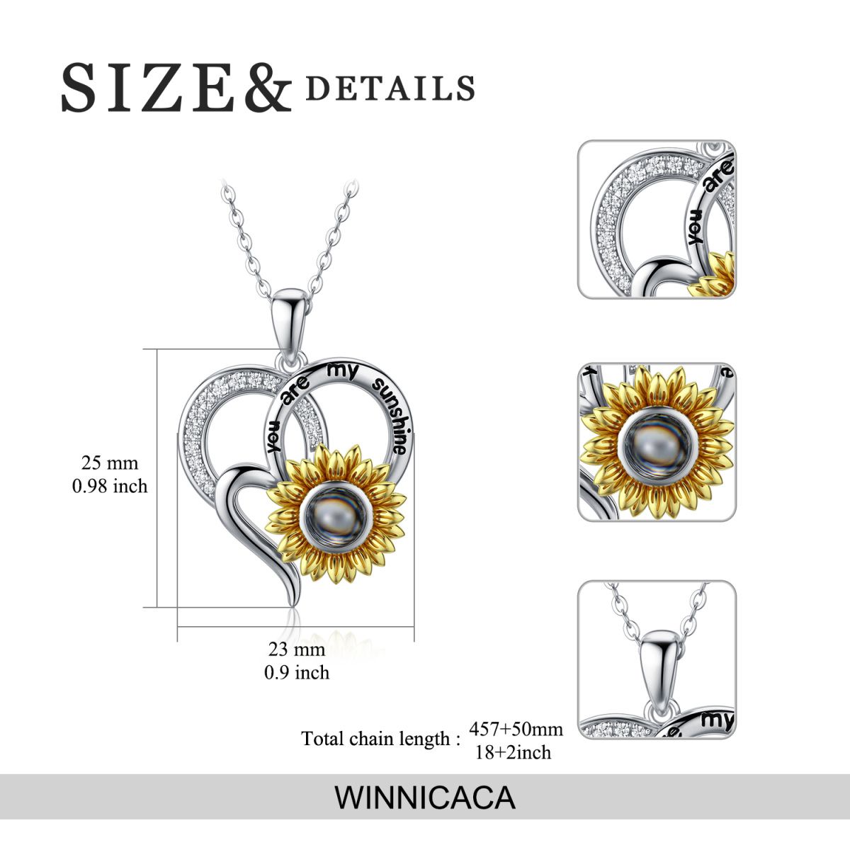 Sterling Silver Two-Tone Cubic Zirconia Personalized Projection Sunflower Pendant Necklace With Engraved Word For Women Best Friend-5