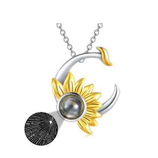 Sterling Silver Two-tone Projection Stone Sunflower & Moon Pendant Necklace-40