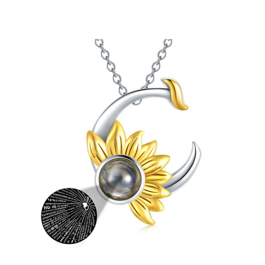 Sterling Silver Two-tone Projection Stone Sunflower & Moon Pendant Necklace