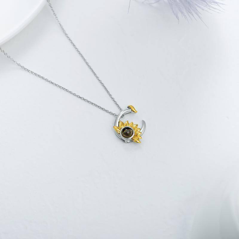 Sterling Silver Two-tone Projection Stone Sunflower & Moon Pendant Necklace-3