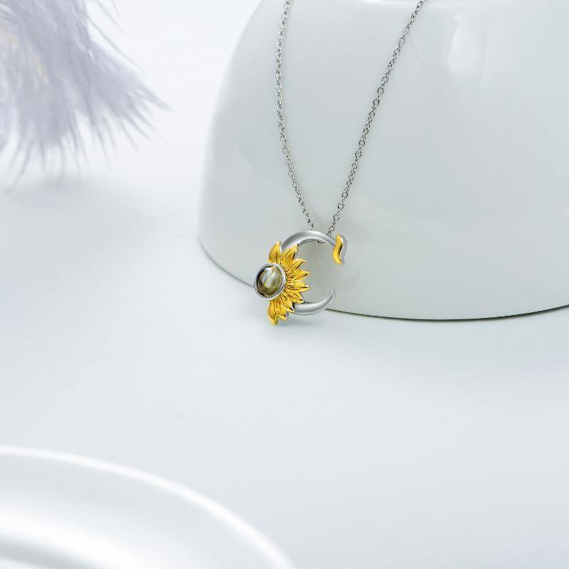 Sterling Silver Two-tone Projection Stone Sunflower & Moon Pendant Necklace-4