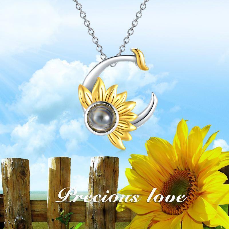 Sterling Silver Two-tone Projection Stone Sunflower & Moon Pendant Necklace-5